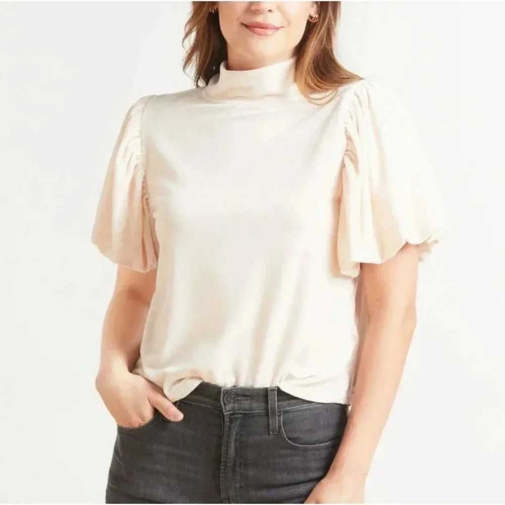 Free People Claudia Light Pink Velvet Mock‎ Neck Puff Sleeve Blouse Size Medium